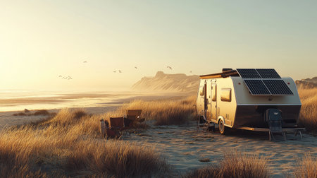 A solar-equipped caravan at a remote beachside campsite, surrounded by dunes and tall grass.の素材