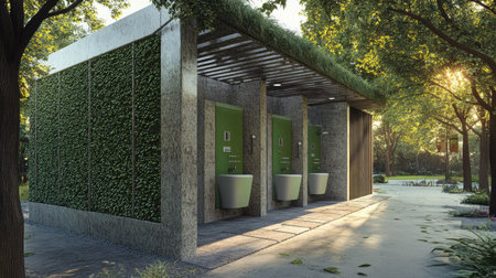 A public park restroom with textured stone walls, green accents, and open-air ventilationの素材