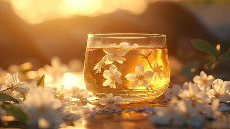 A glass cup of jasmine tea with white flowers nearby, glowing under golden sunlight.の素材
