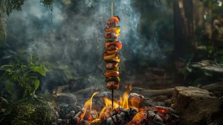 A stick skewer with sizzling sausages and peppers held over a campfire, with a forest backdrop and smoke risingの素材