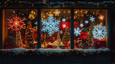 A shop window adorned with glittering Christmas lights, snowflakes, and festive holiday displaysの素材