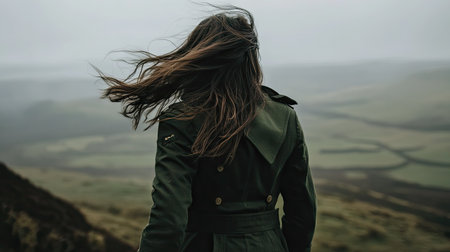 A woman in a military-style green coat standing on a windy hilltop with her hair flowing in the breezeの素材