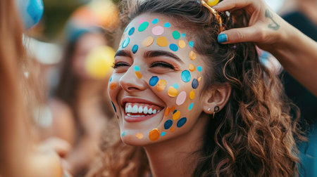 A woman laughing as an artist paints playful dots and swirls across her face.の素材