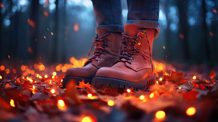 Chunky-soled ankle boots stepping on colorful fall leaves, with a blurred forest background.の素材