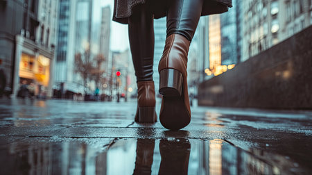 A woman wearing chunky-heeled ankle boots walking confidently on a glassy urban sidewalk.の素材