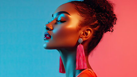 A woman wearing bold tassel earrings, posing in a brightly lit studio setting.の素材