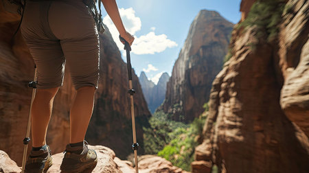 Close-up of hands gripping walking poles as a hiker scales a rocky path with sheer cliffs in the background.の素材