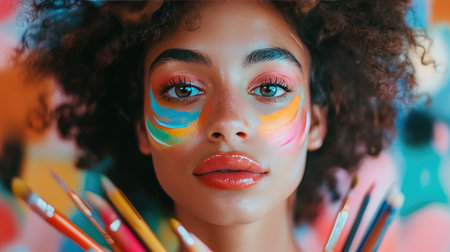A woman surrounded by art supplies while an artist paints vibrant rainbow designs on her cheeks.の素材