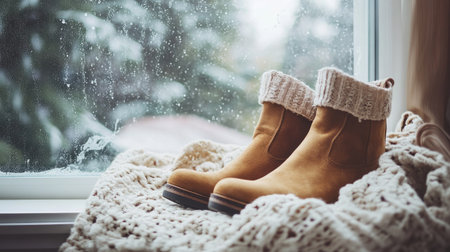 Women's suede ankle boots resting on a windowsill, with a cozy blanket and a view of a rainy day outside.の素材
