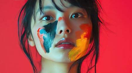 A woman with her face half-painted as the artist carefully blends bold colors.の素材