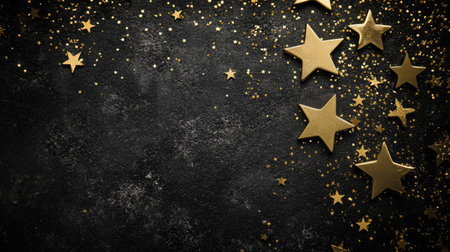 Golden stars scattered across a dark textured background, creating a sense of elegance and luxuryの素材