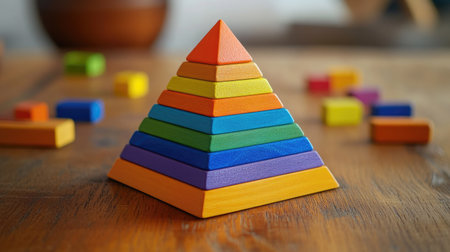Close-up of a colorful wooden pyramid toy on a wooden table, with scattered blocks in the background.の素材