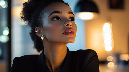 A young professional wearing simple pearl earrings, working at her desk in a modern office.の素材
