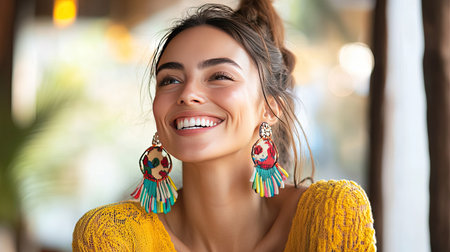 A woman wearing bold, colorful statement earrings, smiling in a bright and airy setting.の素材