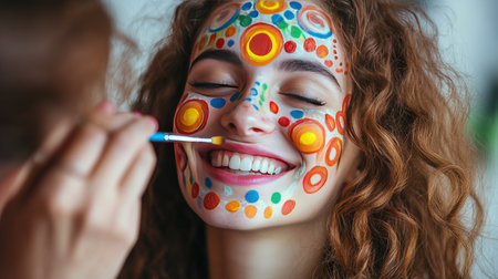 A woman laughing as an artist paints playful dots and swirls across her face.の素材