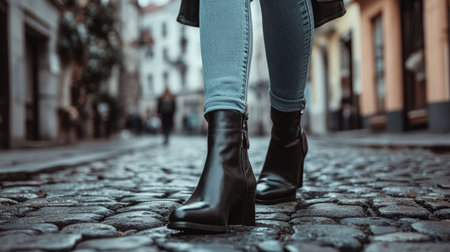 Stylish women's ankle boots on a cobblestone street, paired with rolled-up jeans and a leather jacket.の素材