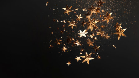 Golden star confetti bursting into the air against a dark gradient background, symbolizing celebrationの素材