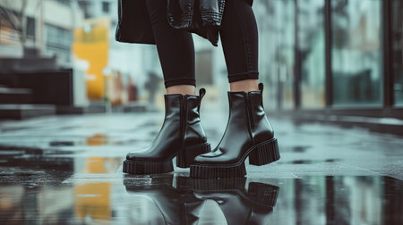 A woman wearing chunky-heeled ankle boots walking confidently on a glassy urban sidewalk.の素材