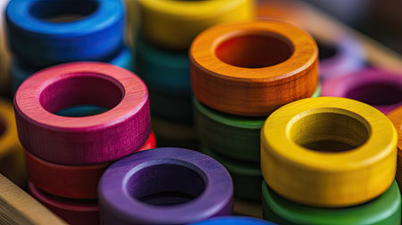 Close-up of the vibrant rings from a wooden pyramid toy being sorted by color.の素材