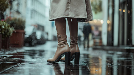 Stylish ankle boots with block heels, paired with a trench coat on a rainy urban street.の素材