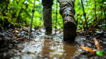 Close-up of walking poles planted in a muddy trail as a trekker climbs through a rainforest.の素材