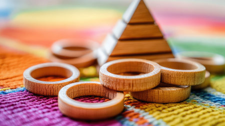 Close-up of the rings from a wooden pyramid toy scattered on a colorful play rug.の素材