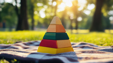 Multicolored wooden pyramid toy placed on a picnic blanket outdoors on a sunny day.の素材