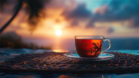 Tea in a glass cup on a woven placemat, with a glowing afternoon sky in the background.の素材