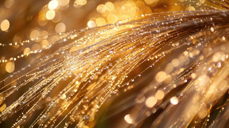 Golden wheat ears glistening with morning dew, captured in soft sunlight.の素材