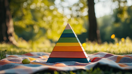 Multicolored wooden pyramid toy placed on a picnic blanket outdoors on a sunny day.の素材