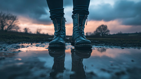 Women's ankle boots with zipper details stepping into a puddle under dramatic cloudy skies.の素材
