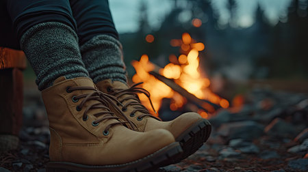 Close-up of tan ankle boots paired with wool socks, propped up near a campfire on a chilly evening.の素材