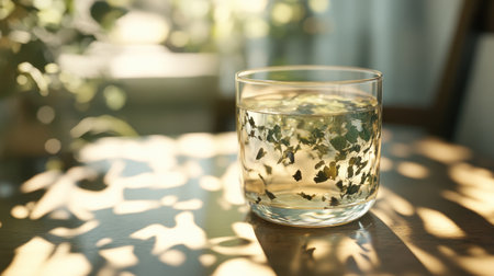 Tea leaves steeping in a glass cup, with sunlight refracting through the glass, casting intricate patterns.の素材