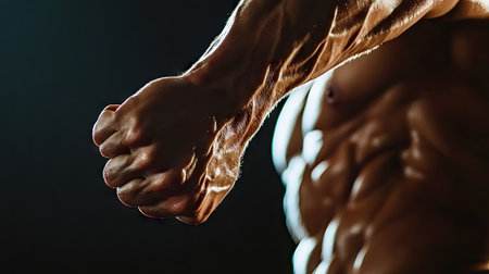 Close-up of a bodybuilder flexing their forearm, veins and muscles sharply defined under focused lighting.の素材