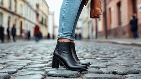 Stylish women's ankle boots on a cobblestone street, paired with rolled-up jeans and a leather jacket.の素材