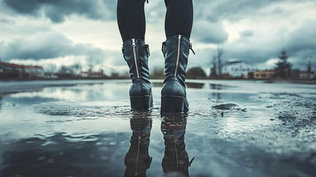 Women's ankle boots with zipper details stepping into a puddle under dramatic cloudy skies.の素材