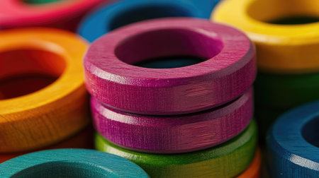 Close-up of the vibrant rings from a wooden pyramid toy being sorted by color.の素材
