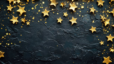 Golden stars scattered across a dark textured background, creating a sense of elegance and luxuryの素材