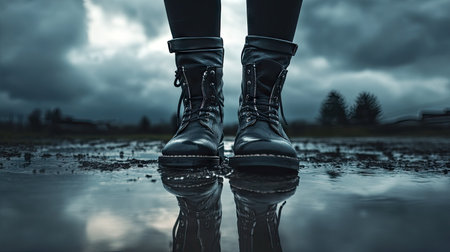 Women's ankle boots with zipper details stepping into a puddle under dramatic cloudy skies.の素材