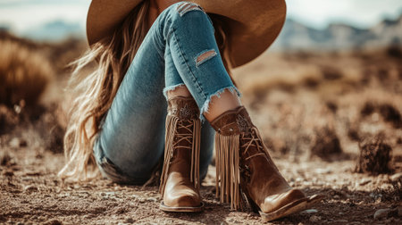 Women's ankle boots with fringe details styled with ripped jeans and a wide-brimmed hat in a desert setting.の素材