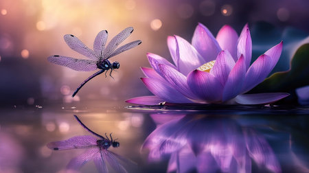 A dragonfly hovering near a purple lotus in full bloom, its reflection visible in the water belowの素材