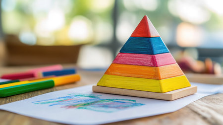 Wooden pyramid toy on a table near a child's drawing of a colorful pyramid.の素材