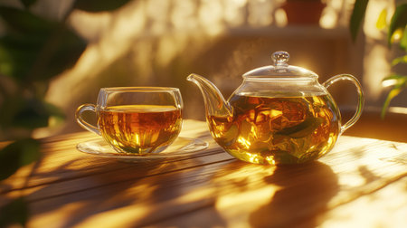 Tranquil moment of a glass teacup and teapot, glowing under warm, golden-hour sunlight.の素材