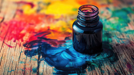 Abstract ink blots in multiple colors spread around an ink bottle on a wooden desk.の素材