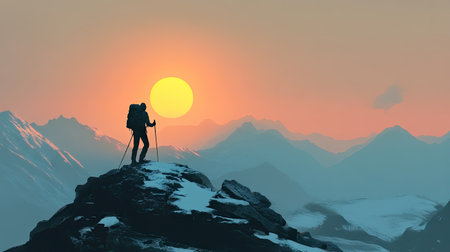 A lone trekker with walking poles crossing a rocky ridge, the sun rising behind distant mountains.の素材