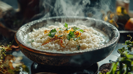 A close-up of freshly cooked rice, served in a bowl with steam rising, framed by herbs and condiments.の素材