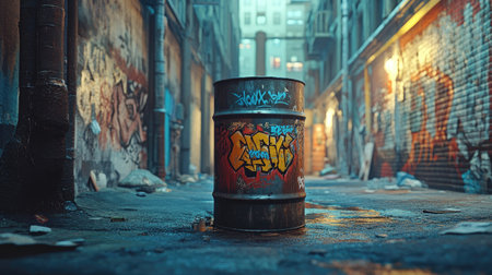 An oil barrel painted with graffiti, placed in an urban alleyway under dramatic lighting.の素材