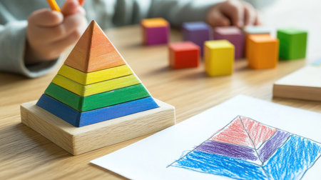 Wooden pyramid toy on a table near a child's drawing of a colorful pyramid.の素材