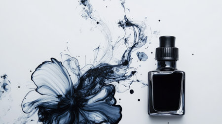 An ink bottle with its cap off, placed next to abstract ink stains shaped like flowers.の素材