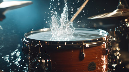 A dramatic angle of water bursting upward from a snare drum as drumsticks hit it during an energetic performance.の素材
